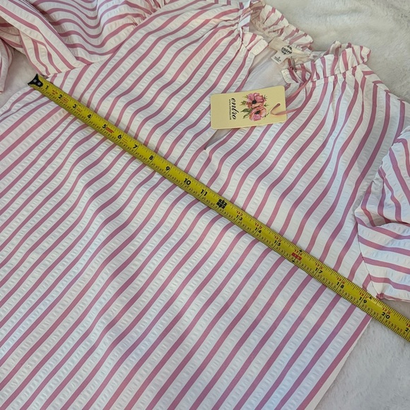 Entro White & Pink Stripe SearSucker Mini Dress, Exaggerated Balloon Sleeves - Picture 13 of 16